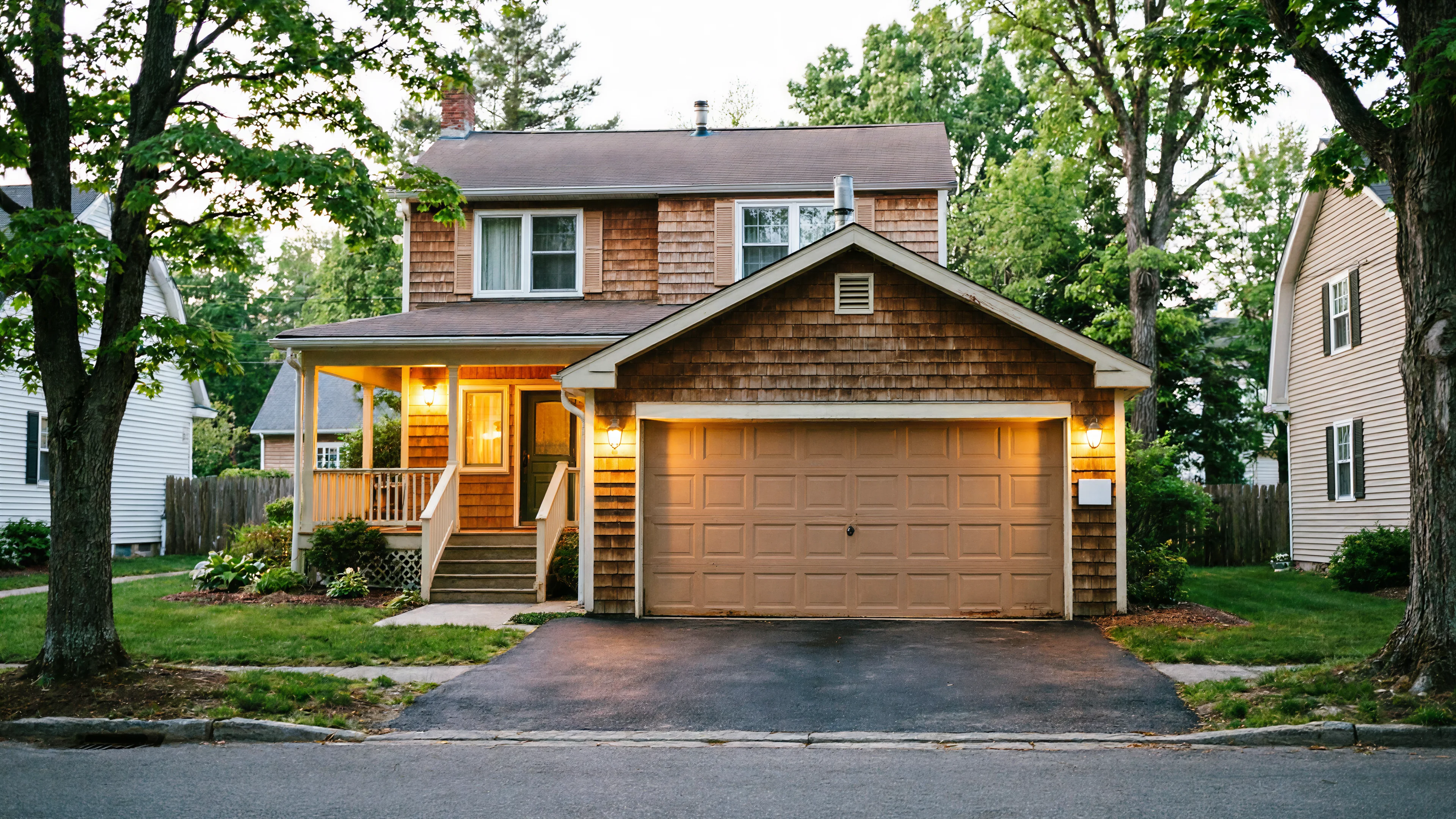 A brown garage door is on a cedar-shingled house with a porch and lit windows.